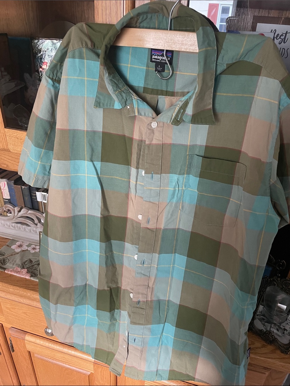Patagonia Plaid Short-Sleeve Button-Down in Olive Green and Light Blue
